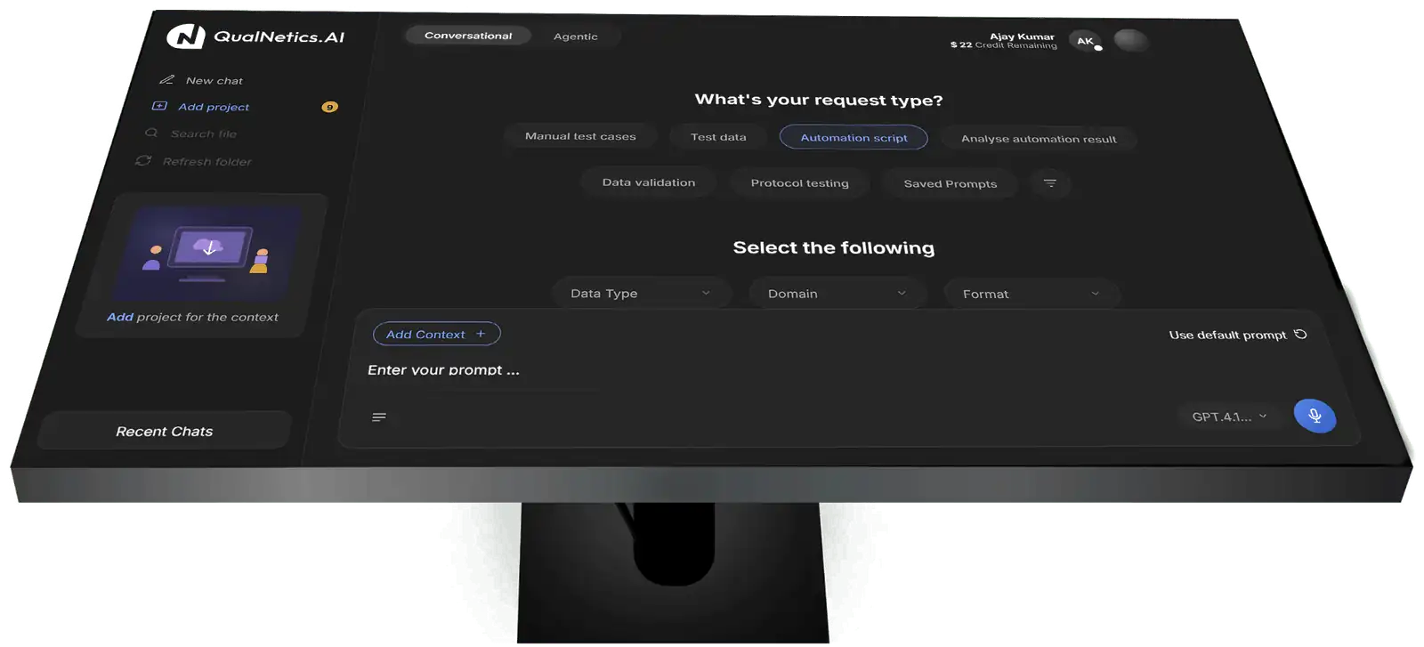 QualNetics.AI conversational dashboard shown on a desktop monitor, prompt entry, request type selection, and account context.